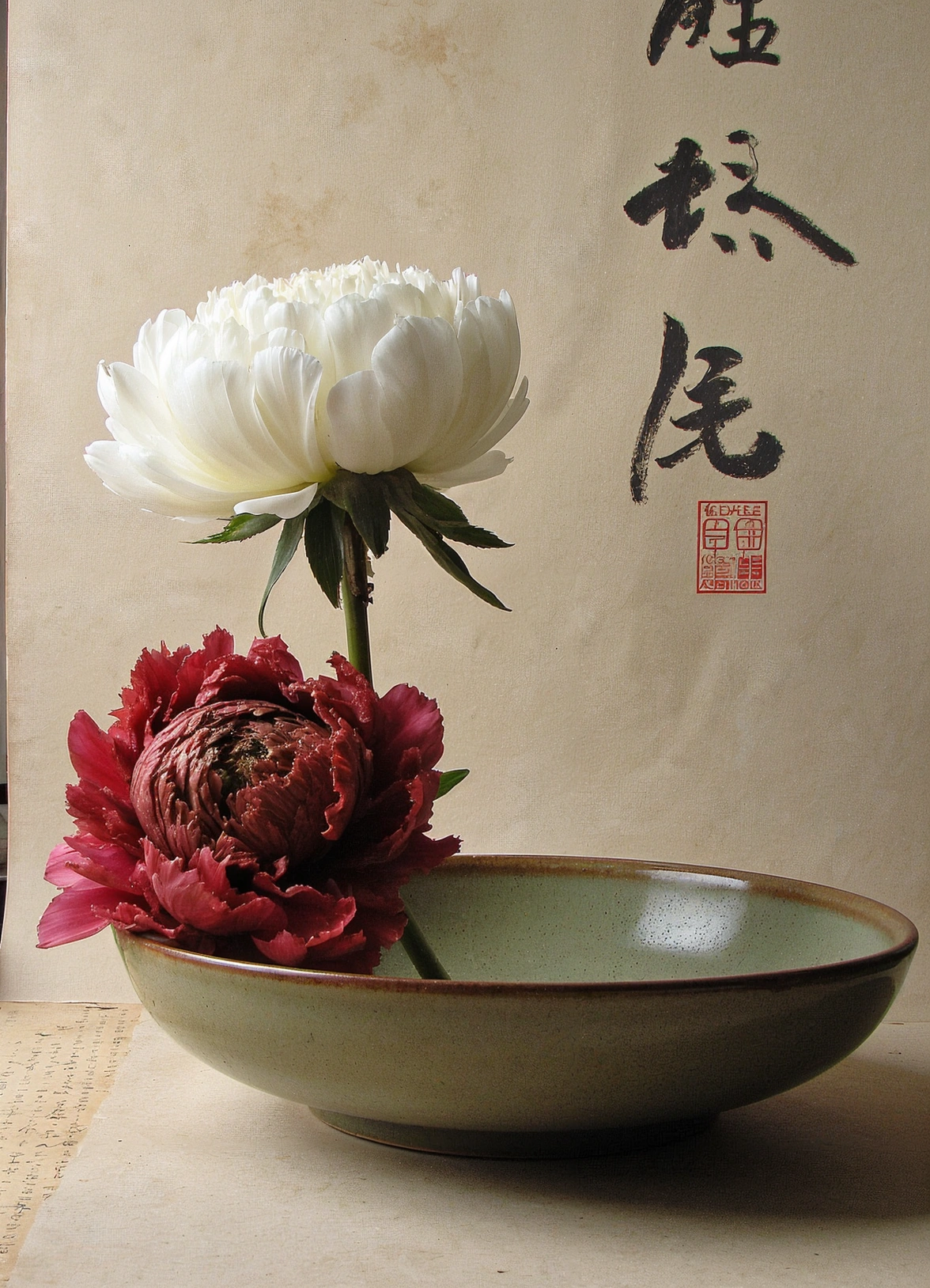 White peony and a wilted red peony in a shallow ceramic bowl