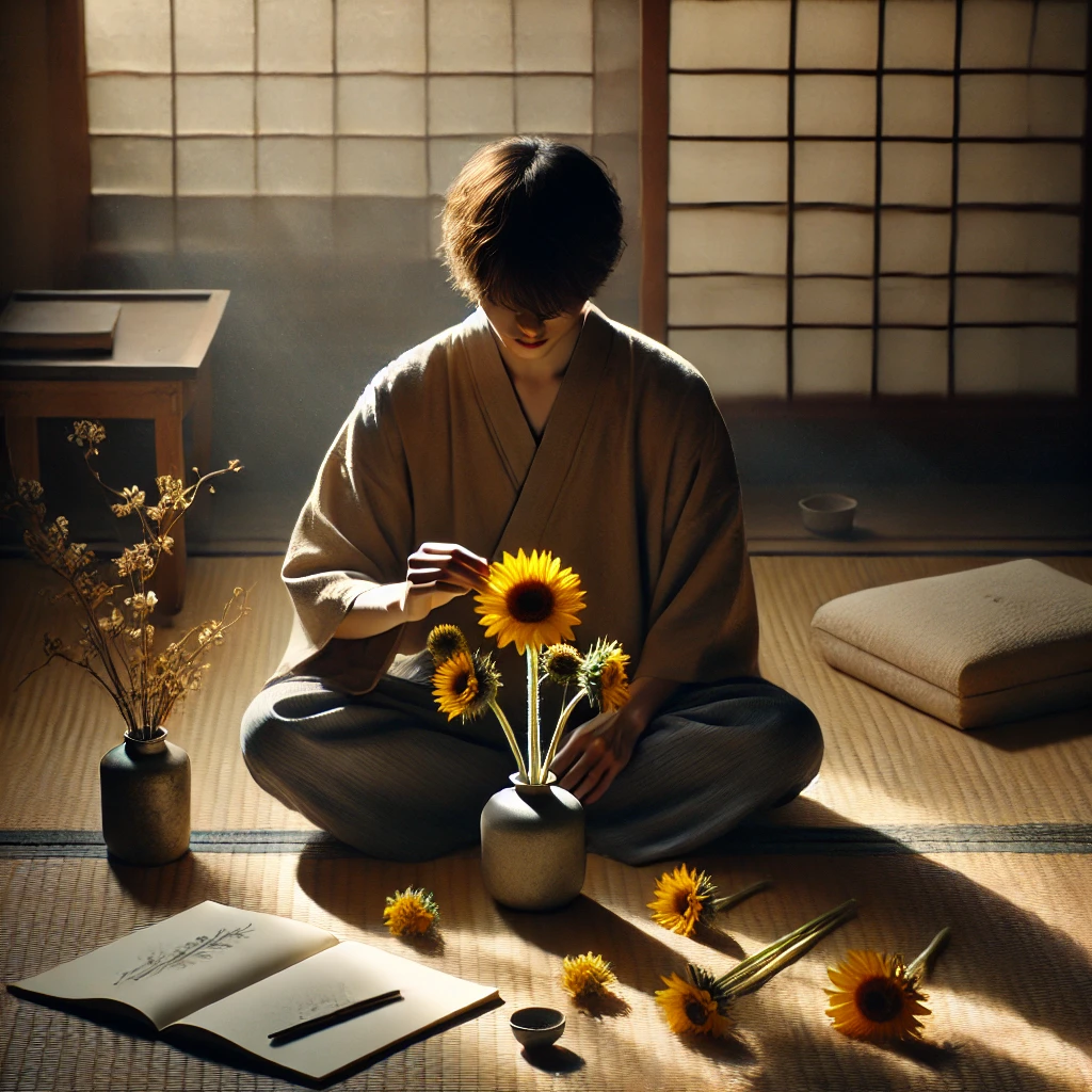 person meditatively arranging sunflowers using the traditional Japanese Ikebana style