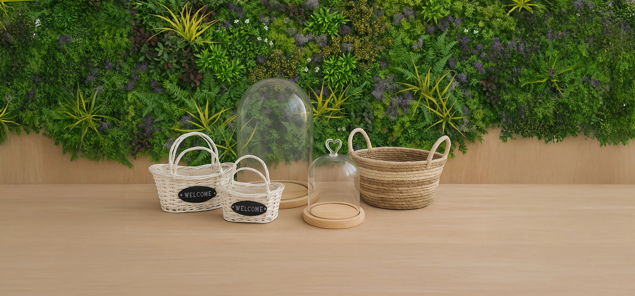 A decorative display on a wooden table featuring two glass cloches with wooden bases, two white wicker baskets labeled "WELCOME," and a rustic woven basket, all set against a lush green vertical garden wall with various plants and flowers.