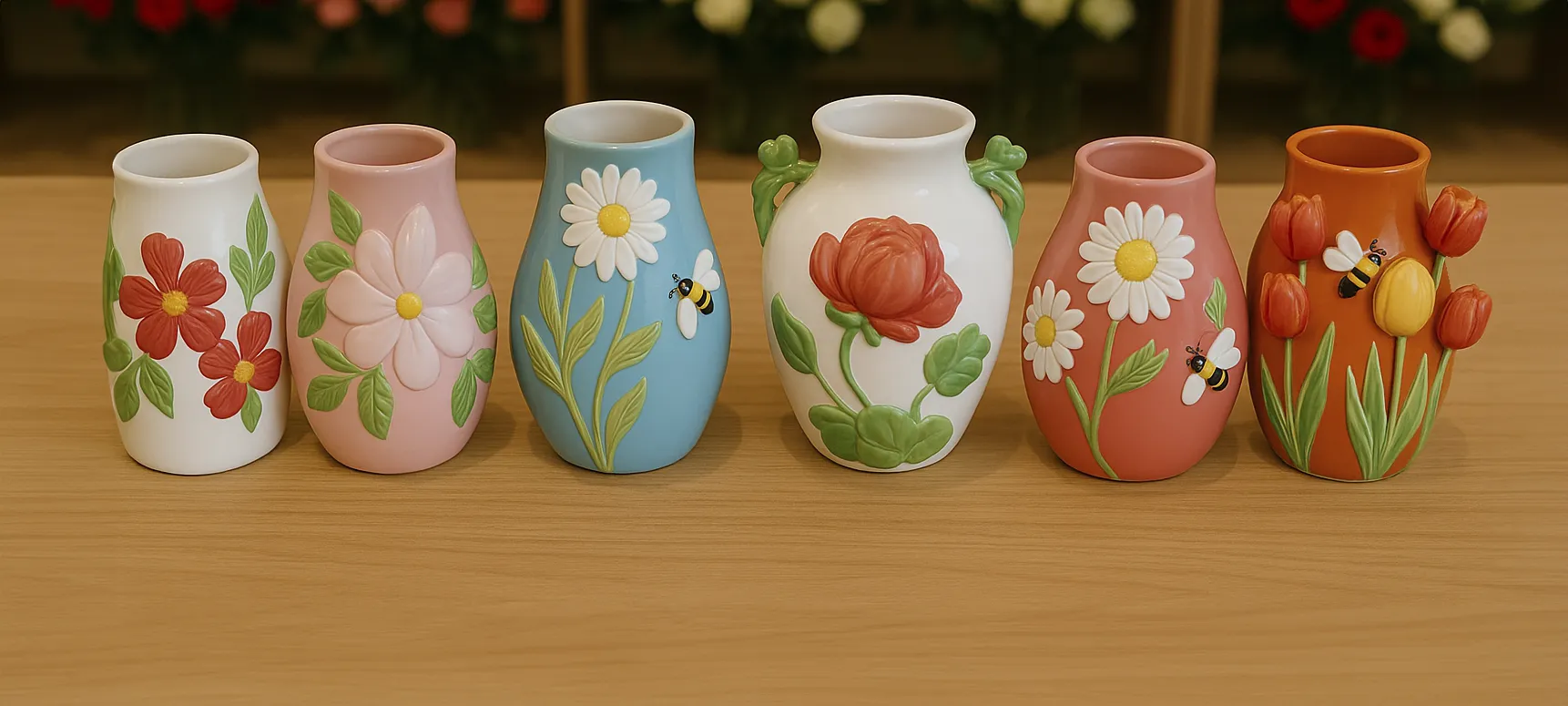 Colección de jarrones florales de cerámica decorados a mano