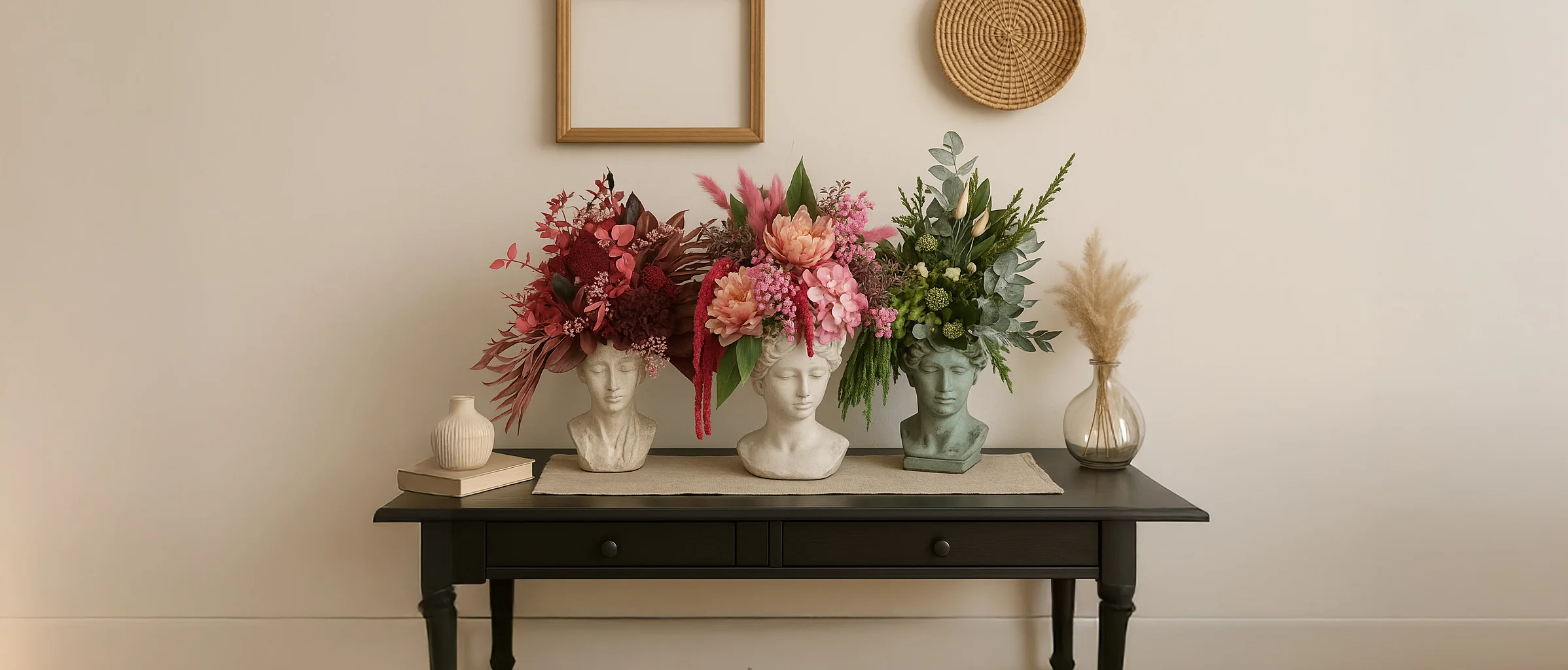 Decoración de consola con tres macetas en forma de cabeza adornadas con arreglos florales en tonos burdeos, rosados y verdes, ideal para interiores elegantes y modernos.