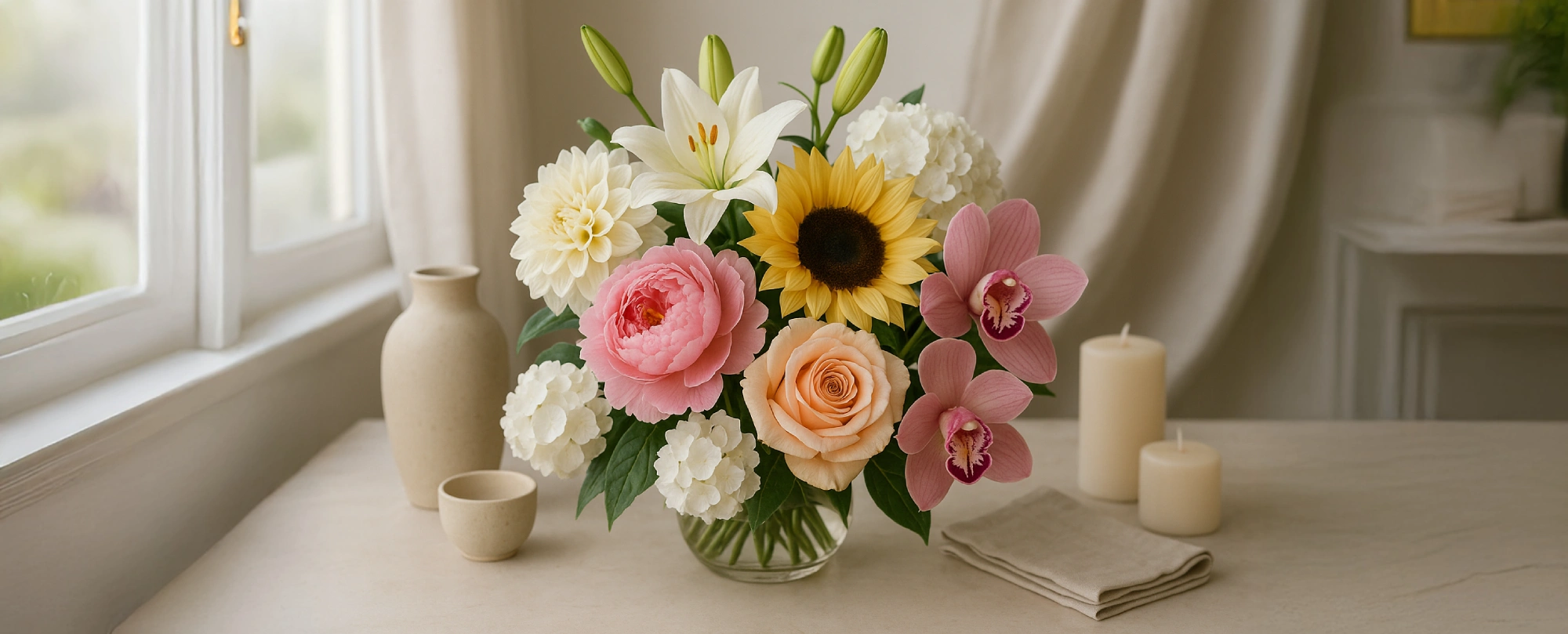 ramo-flores-elegante-decoracion-interior-anuncio Ramo elegante de flores variadas, incluyendo peonías, rosas, girasoles, lirios, dalias, orquídeas y hortensias, en un jarrón de cristal sobre una mesa decorada con velas, servilletas de lino y cerámica, junto a una ventana iluminada con luz natural. Estilo de fotografía publicitaria.