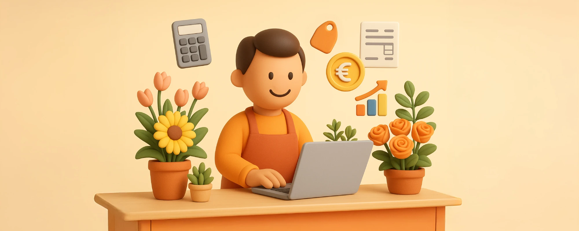Crea esta foto: A friendly florist, depicted as a 3D character, sits at a workshop counter surrounded by beautiful flowers and plants. The florist is smiling and using a modern laptop, on which a clear and simple "Pricing Calculator" tool interface with numbers and charts is visible. Floating harmoniously around the scene are several 3D icons representing business success: a calculator, a shiny Euro coin (€), a price tag, a small bar chart with an upward arrow, and a professional-looking invoice. Style: 3D cute illustration, claymation style, soft clay-like textures, rounded shapes. Atmosphere: Bright, professional, optimistic, and empowering. Color Palette: Warm and inviting, featuring soft yellows, oranges, terracotta, and leafy greens. Lighting: Soft, diffused studio lighting, creating a clean and pleasant mood. Composition: Centered, eye-level shot, wide view to capture all elements, clean background with a soft color gradient --ar 16:9