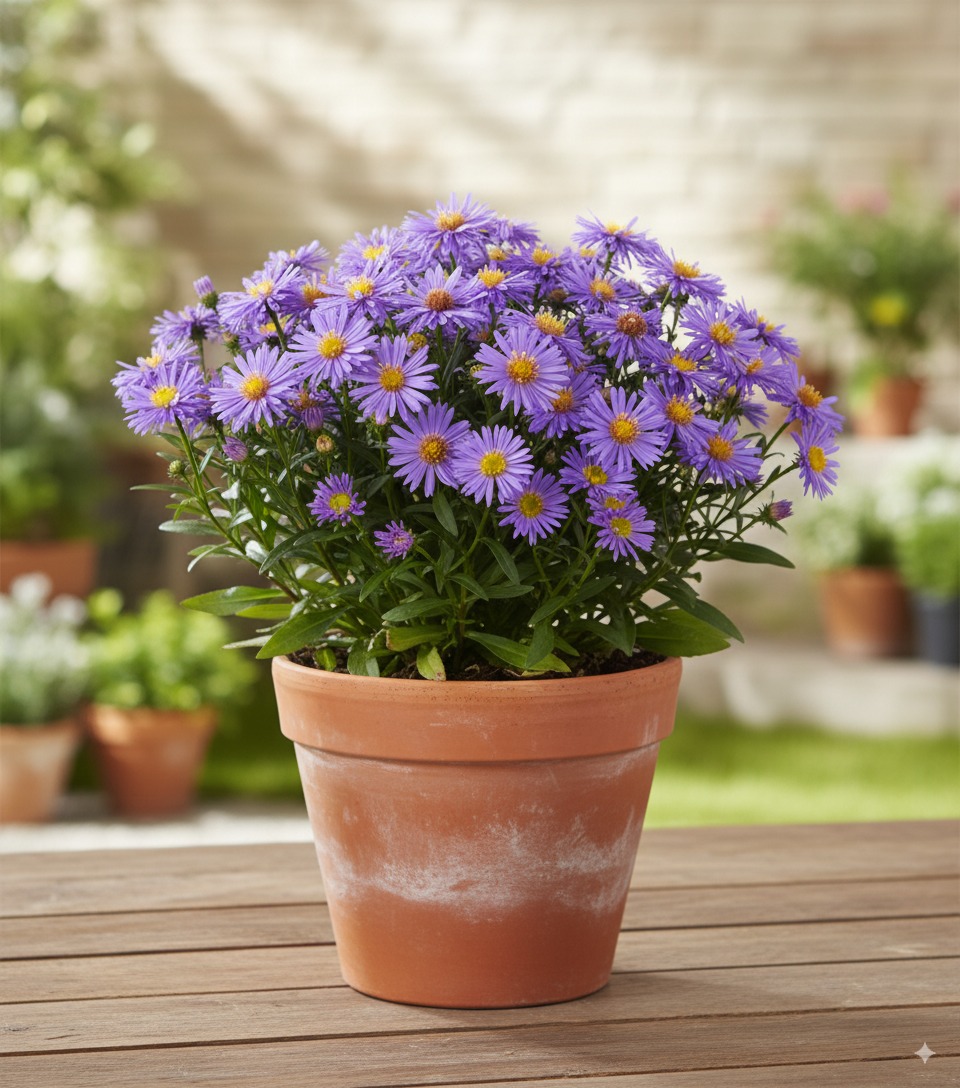 Aster en maceta Maceta con flores de aster morado, planta de otoño típica de septiembre, ideal para decorar jardines y terrazas