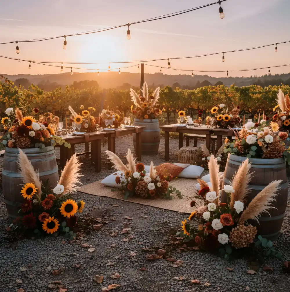 Evento de septiembre estilo rústico Decoración de boda en septiembre con flores otoñales: girasoles, pampas, hortensias y tonos cálidos en un viñedo al atardecer