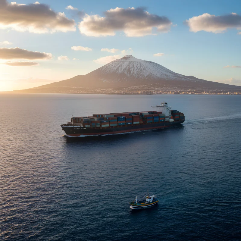 Buque de carga marítimo transportando contenedores con el majestuoso Teide de fondo al atardecer, destacando envíos al por mayor y logística de transporte a las Islas Canarias.
