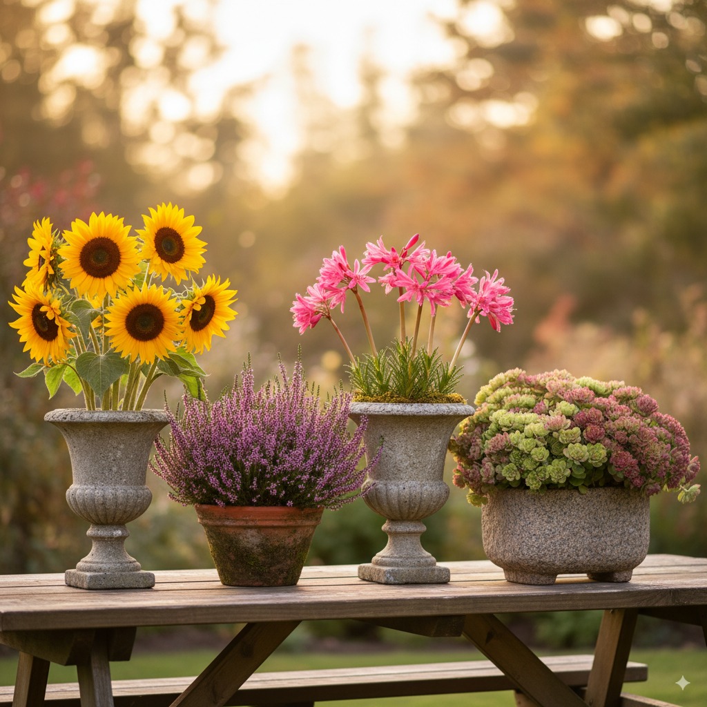 girasoles-brezo-nerine-sedum fllores de otoño en macetas: girasoles, brezo, nerines y sedum decorando mesa de jardín en septiembre, ideas de decoración floral y plantas de temporada