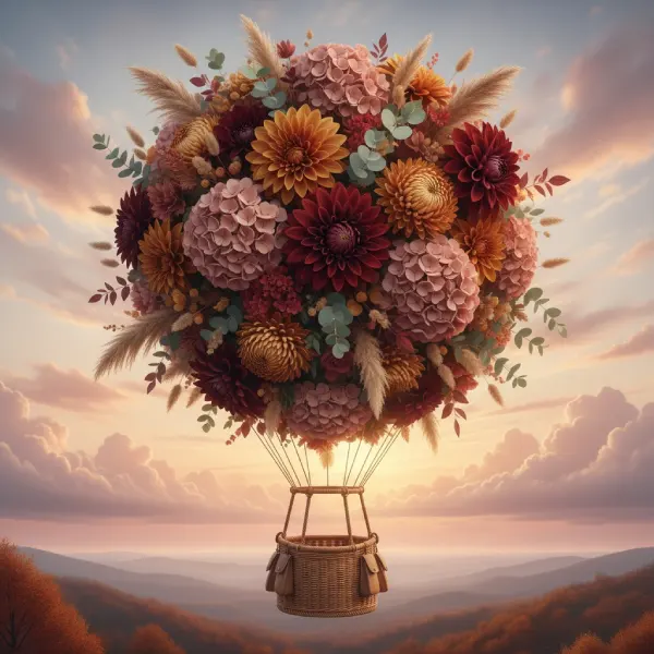 Globo aerostático surrealista formado por un gran arreglo de flores otoñales en tonos burdeos, rosados y dorados, flotando sobre un paisaje de montañas al atardecer con nubes suaves.