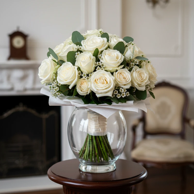 Ramo de novia con rosas blancas Vendela y flor de cera