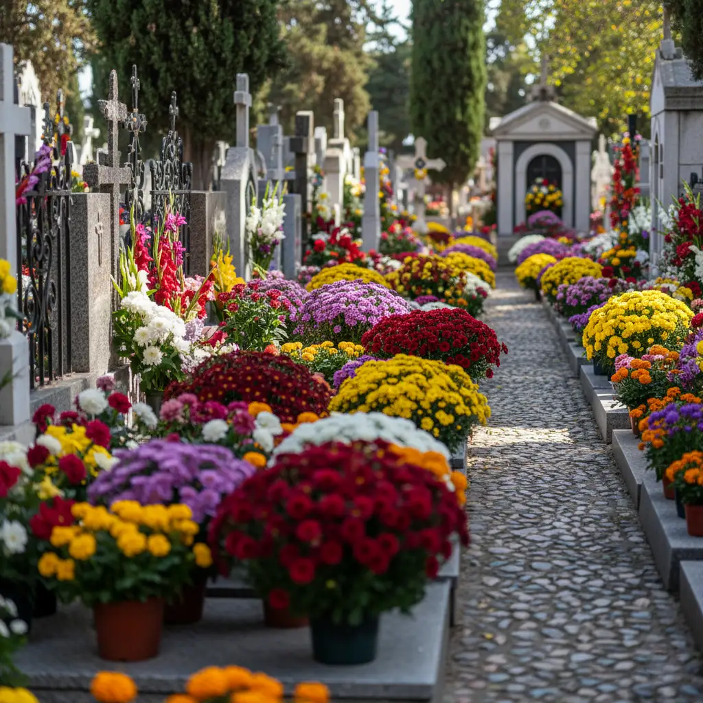 crisantemos-coloridos-cementerio-tumbas-floridas-dia-de-todos-los-santos Primer plano de una maceta de crisantemos bola blancos y amarillos.