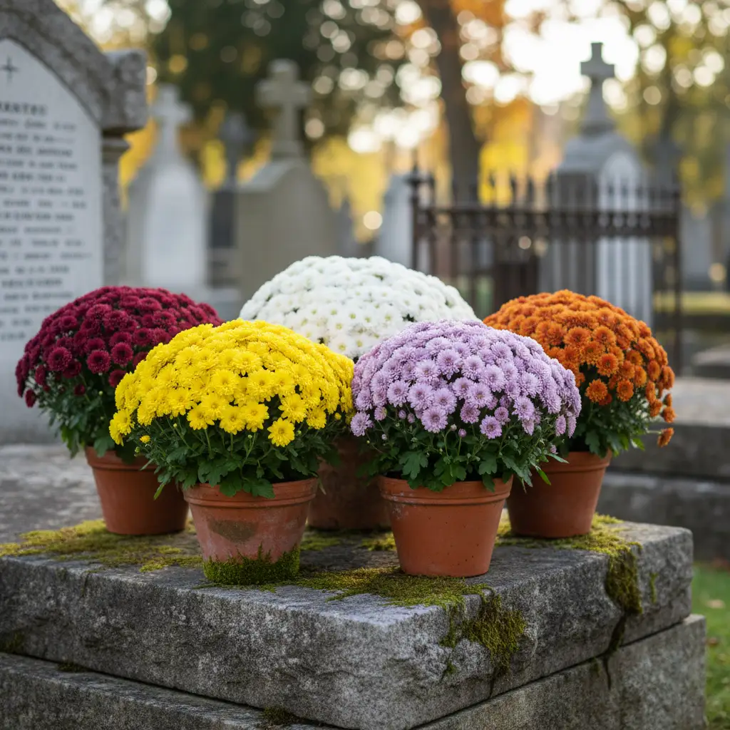 crisantemos-coloridos-macetas-tumba-cementerio-otoño Vista panorámica de un cementerio con tumbas adornadas de flores.