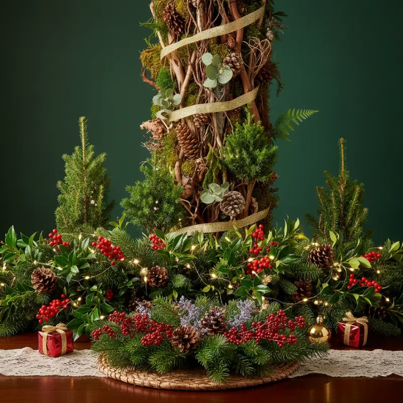 Bosque encantado navidad-uno Centro de mesa navideño natural con ramas verdes, piñas, frutos rojos y pequeños regalos decorativos.