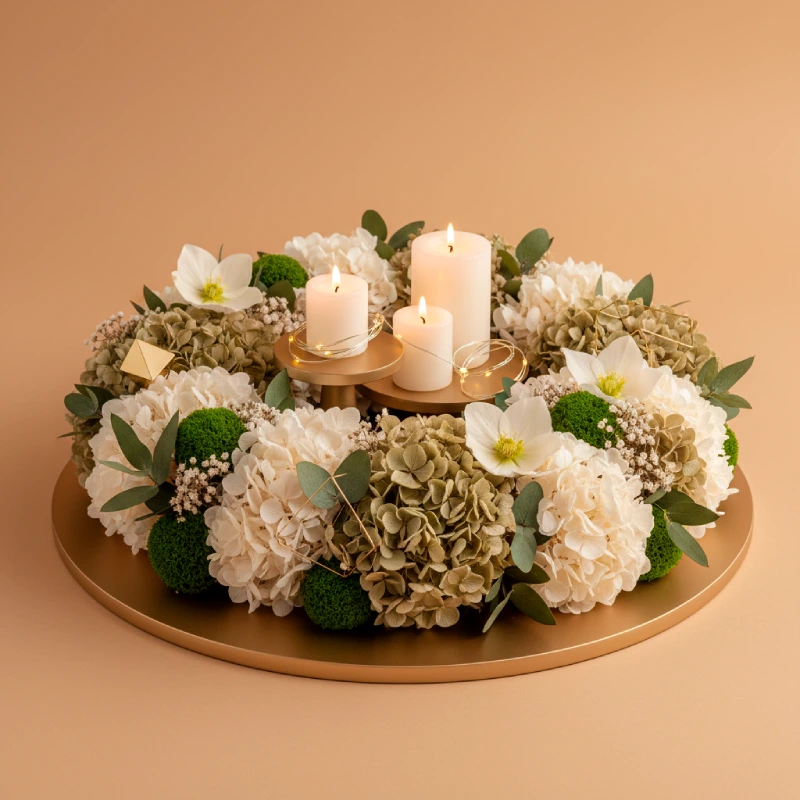 TEN 5 ORI Corona navideña en tonos neutros con flores delicadas y velas, un diseño minimalista y sofisticado propio del estilo de lujo silencioso.