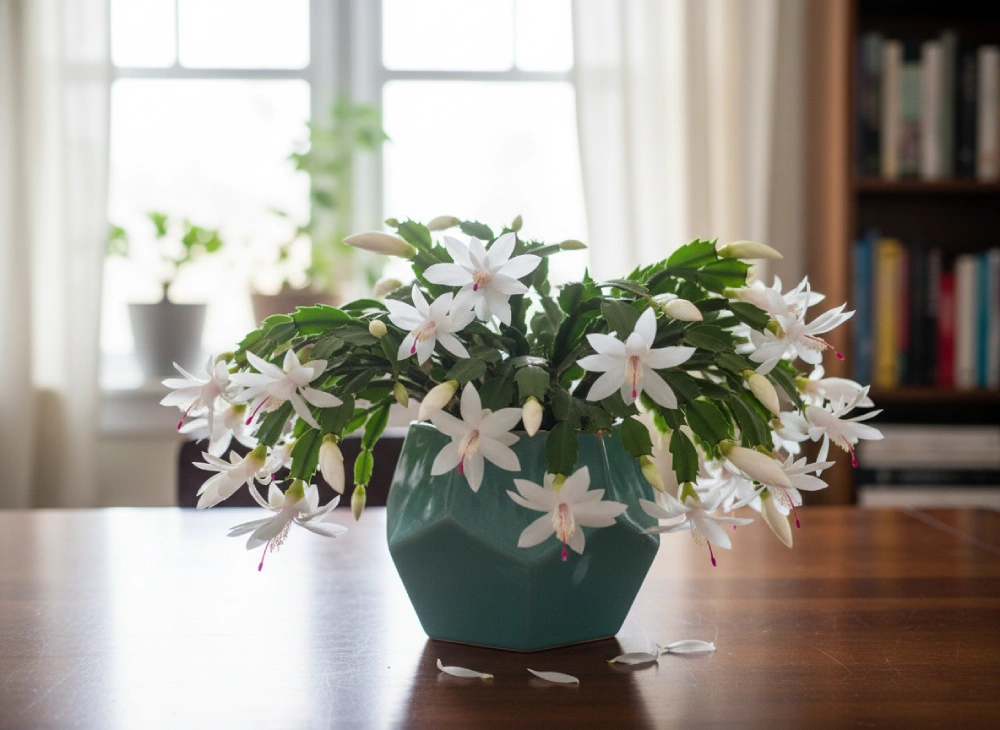 Primer plano de un Cactus de Navidad blanco en plena floración.
