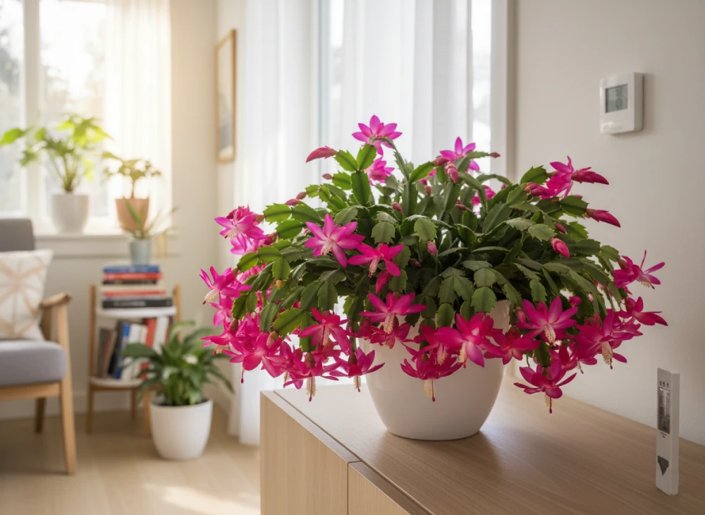 Cactus de Navidad sano en un interior luminoso, mostrando condiciones ideales de cultivo.