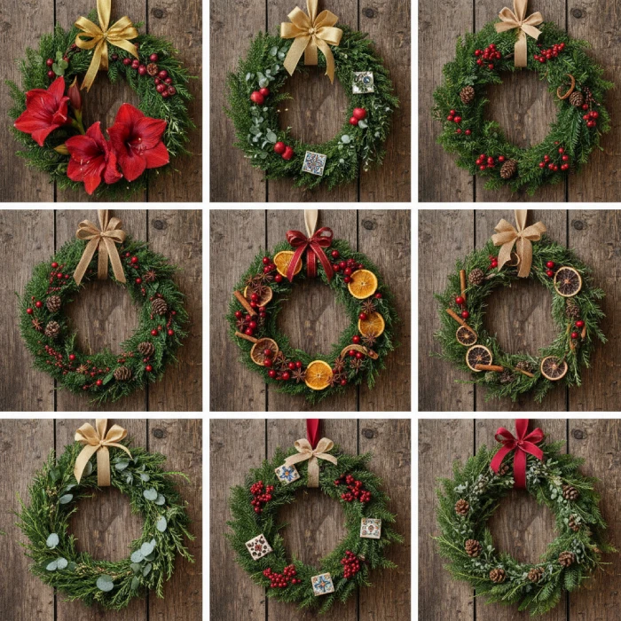 collage-coronas-talleres-navidad Collage de fotos de coronas navideñas hechas por clientes en talleres de floristerías españolas.