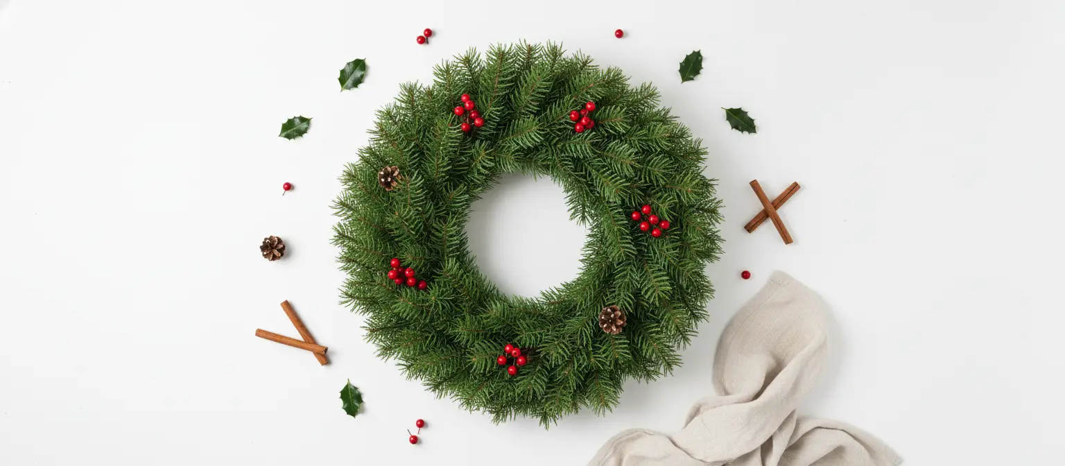 corona-foto-estudio Mesa de trabajo con materiales para decorar coronas: piñas, ilex, cintas y nobilis.