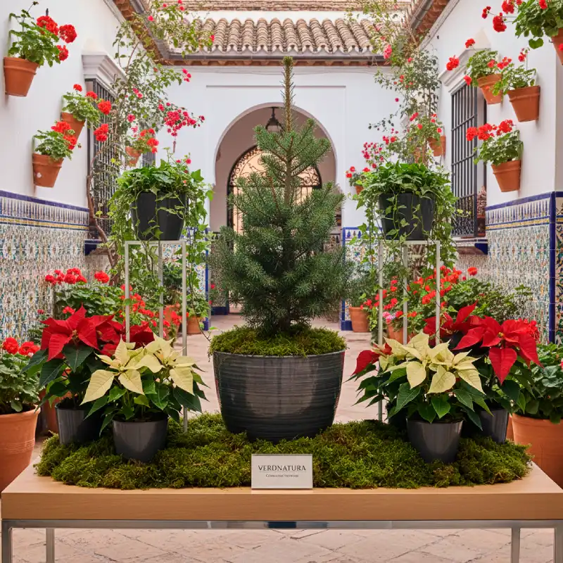 patio español-ponsettia-tres Composición navideña con conífera central, poinsettias y plantas vivas creando un ambiente fresco y elegante propio del estilo “jardín de invierno”.
