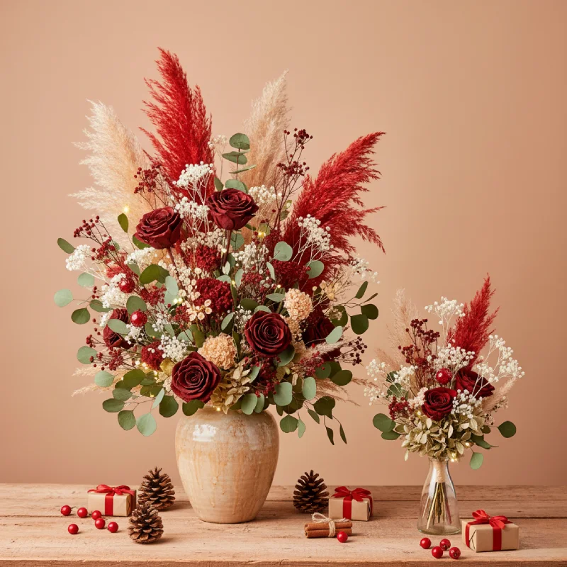 preservado-seco-dos Arreglo floral navideño con rosas, pampas y elementos secos en tonos cálidos, inspirado en la estética duradera y cuidada de la decoración preservada.