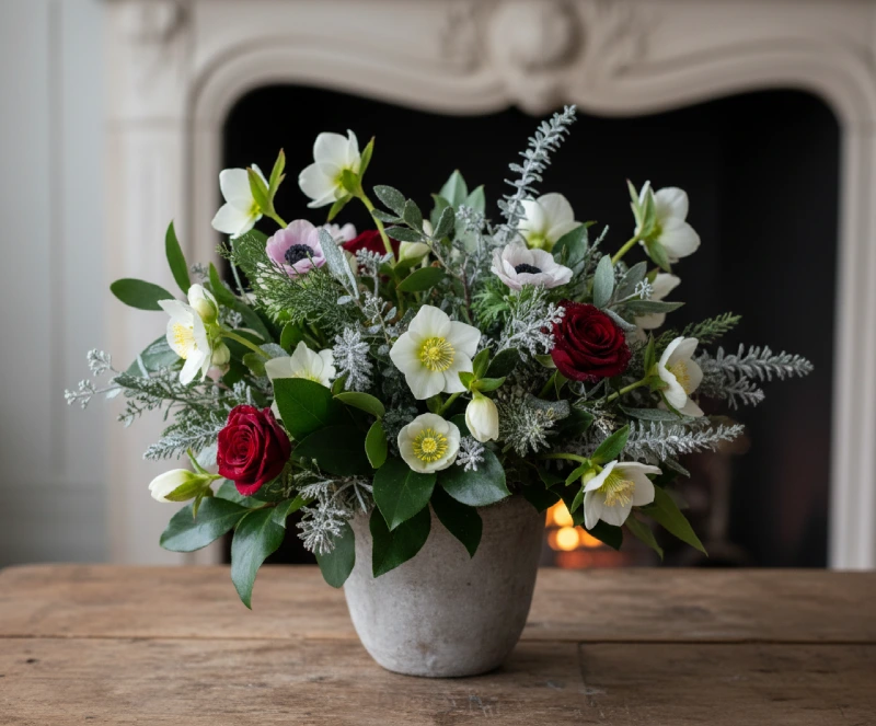 ramo-combinando-rosa-ranuculus-helleborus Centro de mesa navideño combinando Helleborus niger con ramas de abeto y detalles rojos.