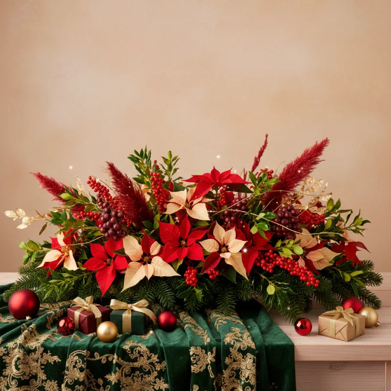 rojo renovado presentacion-cuatro Centro navideño con poinsettias rojas y doradas, texturas modernas y acentos contemporáneos que reinterpretan el rojo tradicional con elegancia.