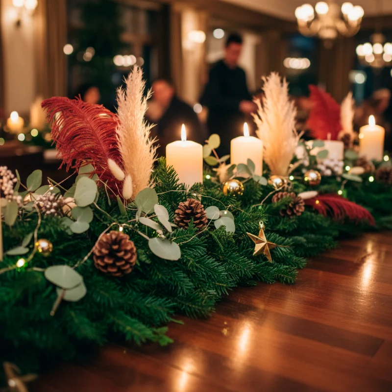 sensorial-seis Centro navideño largo con velas, verdes naturales, piñas y pampas, creando una mesa sensorial con luz cálida, texturas y movimiento.