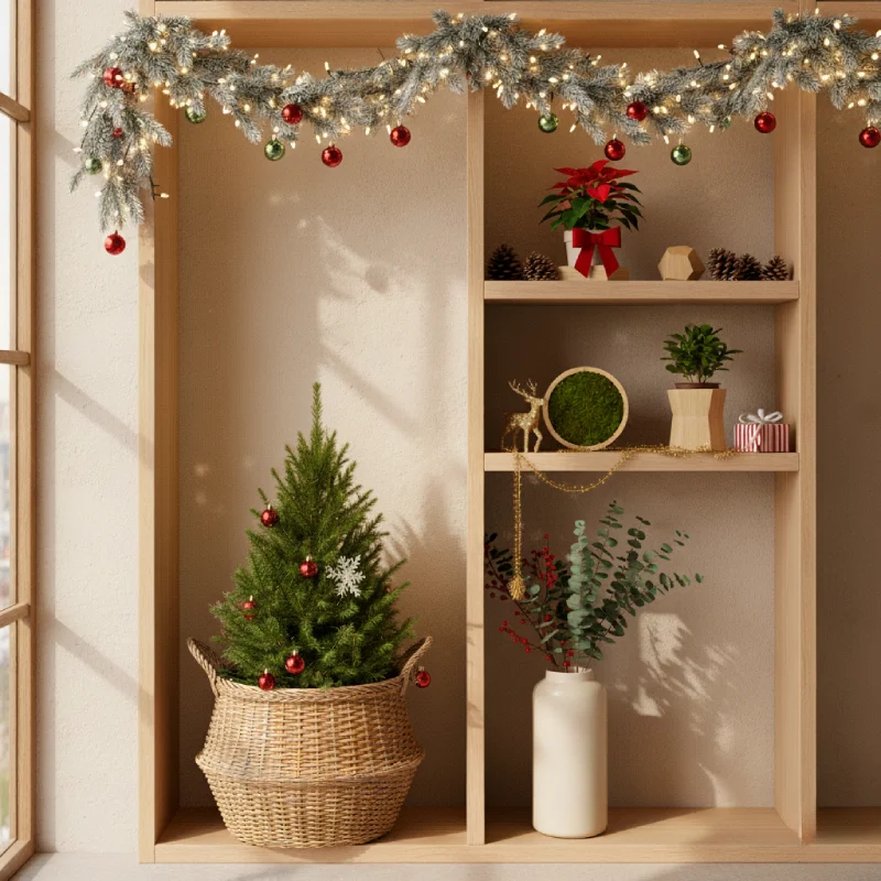 sostenibilidad-arboles-siete Decoración navideña con árbol vivo en cesta, guirnalda ligera y elementos naturales reutilizables, siguiendo un estilo sostenible y duradero.