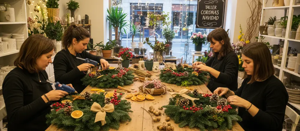 taller-coronas-nobilis-gente Grupo de personas participando en un taller de coronas de Navidad.