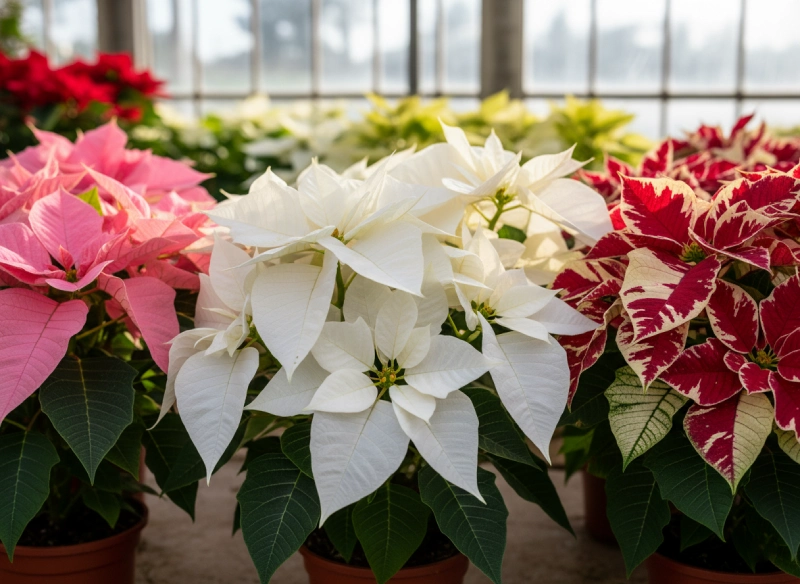 tres-poinsettias-blanca-rosa-textura Variedades de flores de Pascua en colores blanco, rosa y marmoleado.