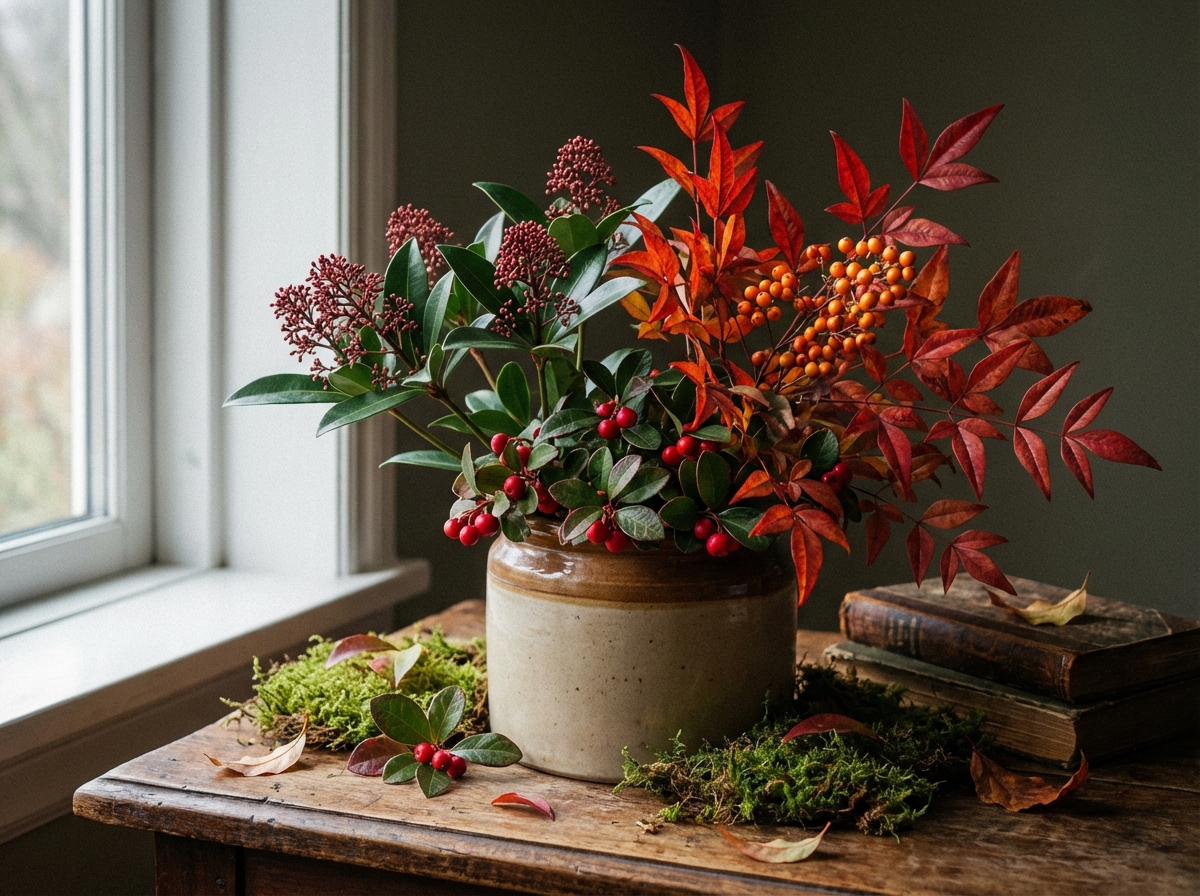 Skimmia, gaultheria y nandina Planta de Skimmia con sus frutos rojos.