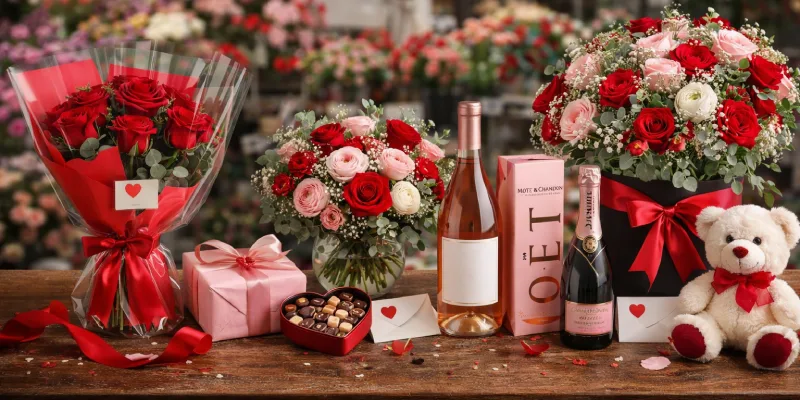 28-01-2026-1 Tres tipos de packs de regalo para San Valentín: básico, deluxe y premium expuestos en una floristería.