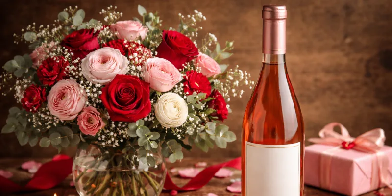 28-01-2026-3 Botella de vino rosado elegante junto a un arreglo floral de San Valentín.