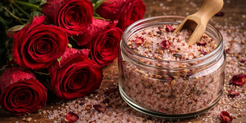 28-01-2026-5 Sales de baño con pétalos de flores secas junto a un ramo de flores.