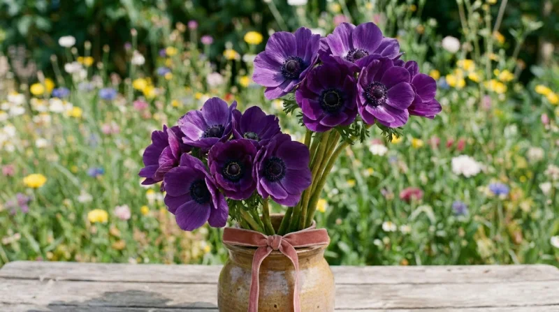 Anémonas Anémonas violetas con centro oscuro sobre mesa de madera, fondo de naturaleza.