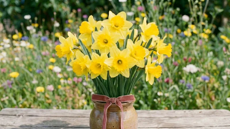 Narcisos Narcisos amarillos en jardín. Césped alto de fondo.