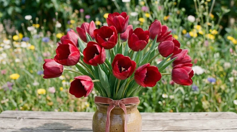 Tulipanes Ramo de tulipanes rojos de temporada al aire libre.