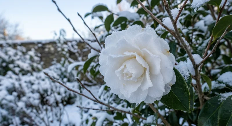 camelia Camelia blanca en floración de invierno.