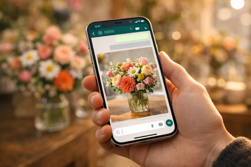 Smartphone mostrando mensaje de WhatsApp amigable de una floristería con foto del ramo.