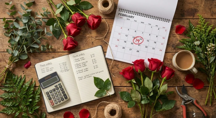 preparativos-ramos-rosas-san-valentin-calendario-14-febrero Preparación de ramos de rosas rojas para San Valentín con calendario marcado el 14 de febrero, cuaderno de pedidos y herramientas florales sobre mesa de madera