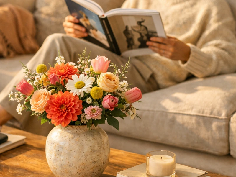 Persona leyendo en salón decorado con flores frescas, transmitiendo paz.