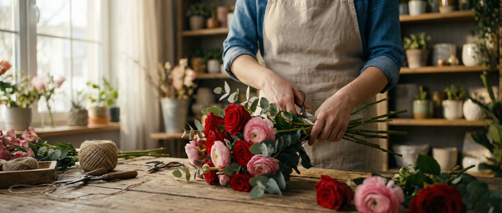 Florista preparando ramo san valentin