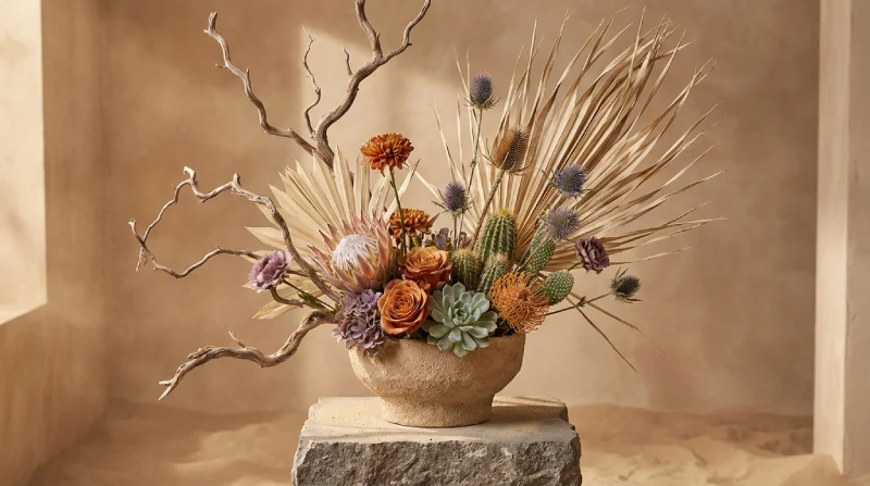 Arreglo_floral_duna_secos_frescos Arreglo floral estilo Duna con elementos secos y frescos.