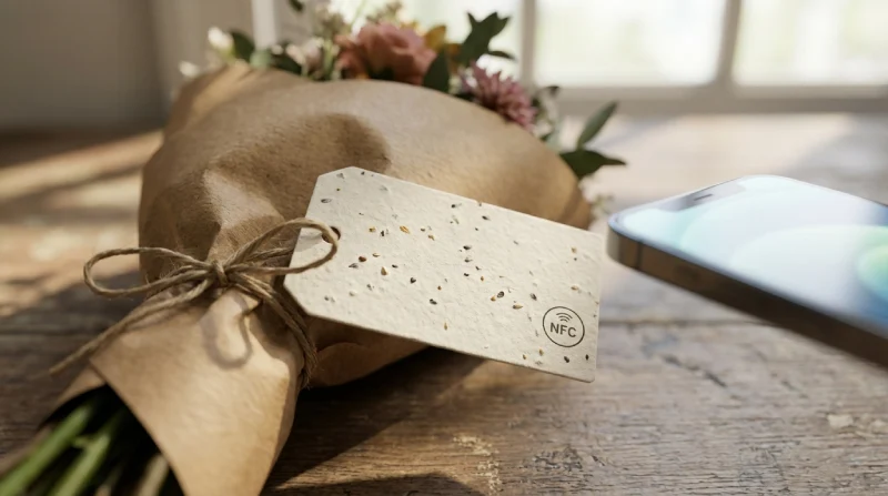 Floral_packaging_with_nfc_tag Packaging sostenible con etiqueta NFC para mensaje personalizado.