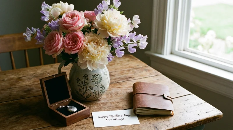 Flower_bouquet_with_gift Ramo de flores combinado con un regalo duradero para el Día de la Madre.