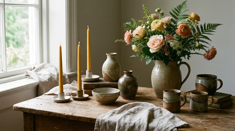 Velas_cermica_artesanal_flores Complementos como velas y cerámica artesanal junto a flores.