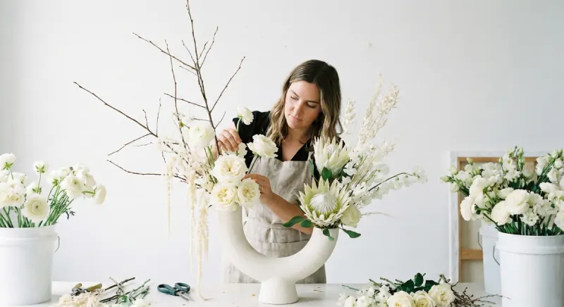 diseno-floral-contemporaneo-flores-blancas Florista trabajando en un arreglo de estilo blanco arquitectónico.