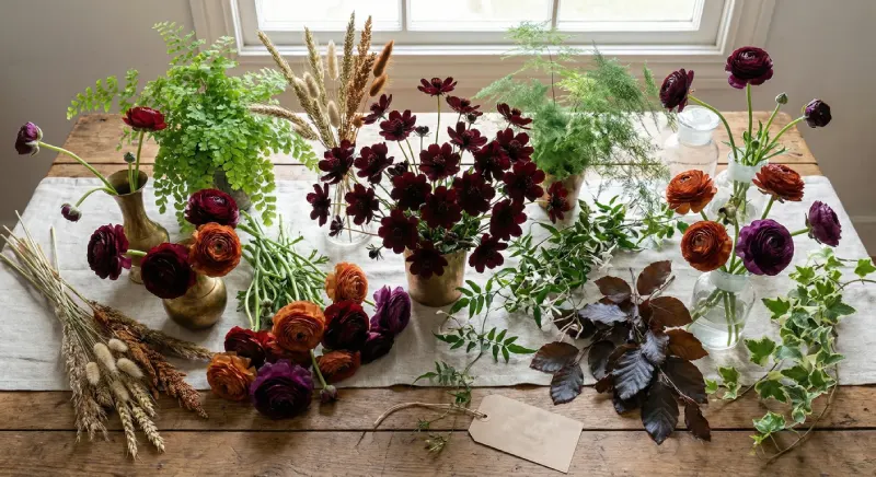 diseno-floral-herramientas-y-flores Selección de variedades botánicas tendencia 2026: cosmos chocolate, ranúnculos y follajes especiales.
