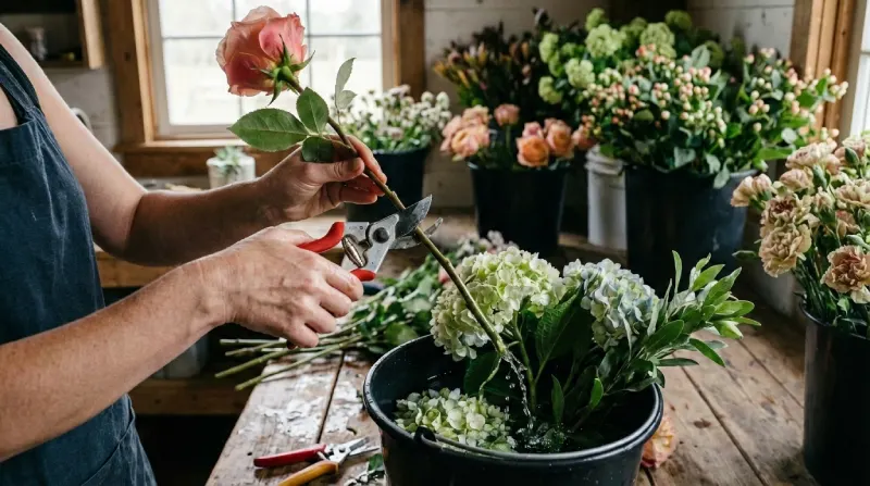 florista-cortando-tallos Florista cortando tallos en diagonal y colocándolos en agua inmediatamente para máxima hidratación.