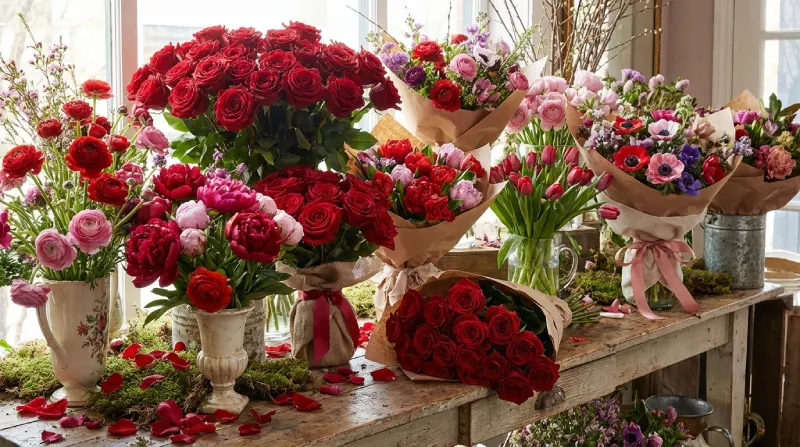 mostrador-floristeria-san-valentin Expositor de floristería con ramos 'grab-and-go' listos para San Valentín, mostrando variedad de flores más allá de la rosa.