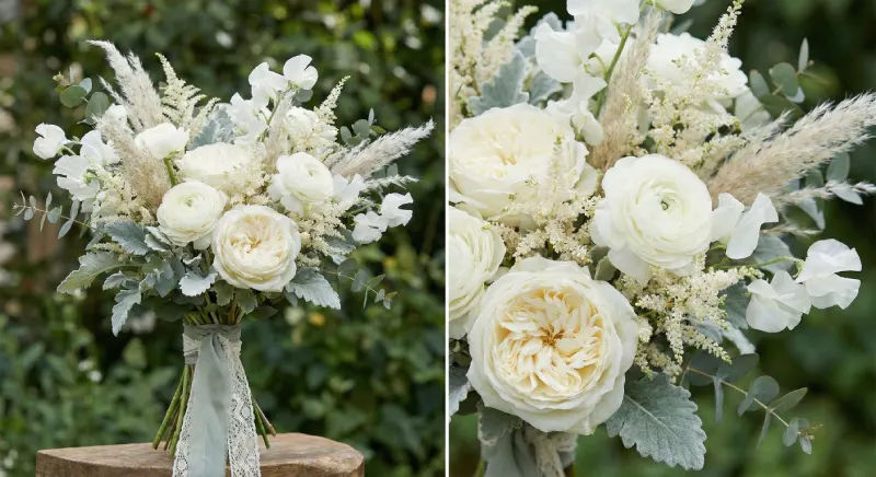 ramo-novia-rosas-blancas-pampa-grass Ramo de novia en tonos verde salvia y blanco texturizado Cloud Dancer.